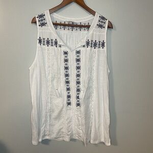 Lucky Brand Sleeveless Top Sz 2XL Floral Embroidered Tassels Blouse‎ Boho